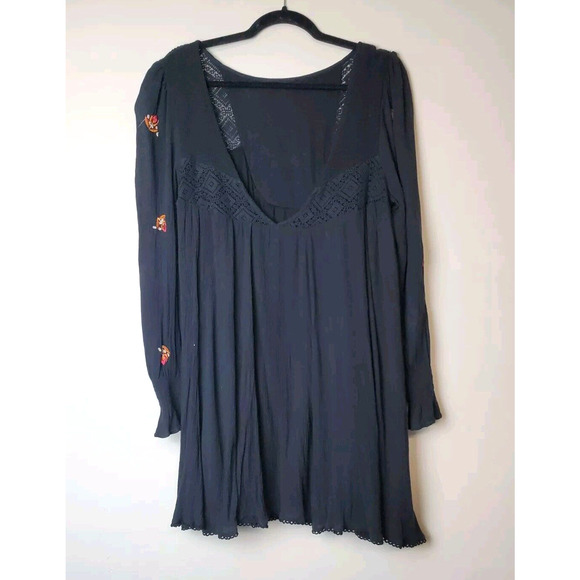 Free People Small Dress Black Mohave Embroidered‎ Mini Tunic Lace Long Sleeve - Picture 5 of 16